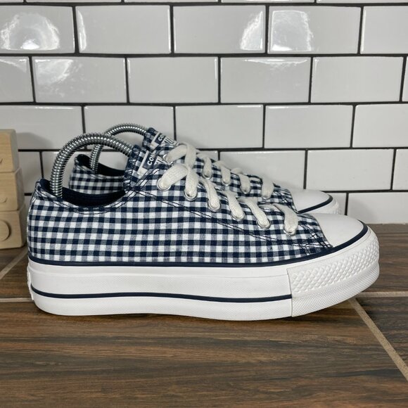 Converse CTAS Lift OX Womens Sz 8 Shoes Obsidian White Gingham Platform Sneaker - Picture 4 of 13